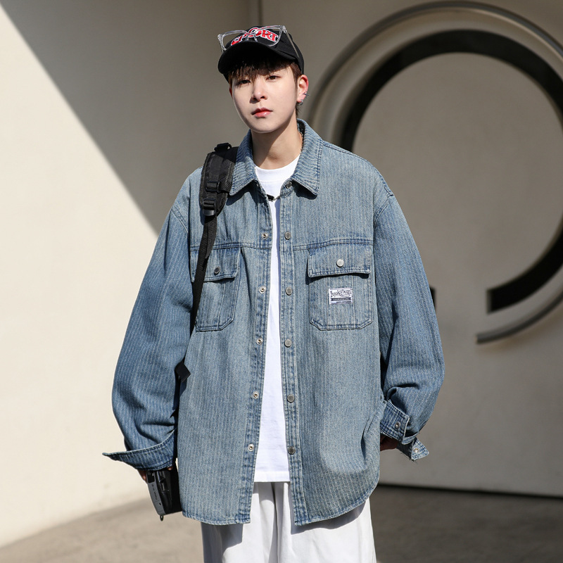 Camicia in denim a righe con effetto sfumato da uomo, stile vintage americano, vestibilità ampia, giacca casual versatile per ragazzi._voghion.com