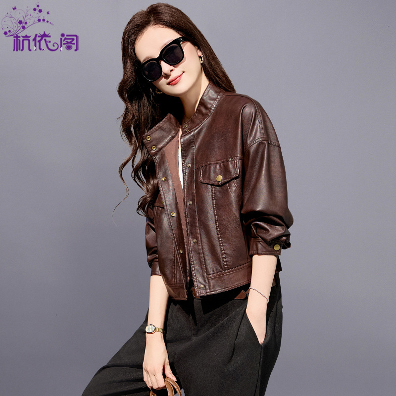 Short Leather Jacket Women's 2025 New Spring and Autumn High-end Elegant Retro Casual Collar PU Leather Motorcycle Jacket