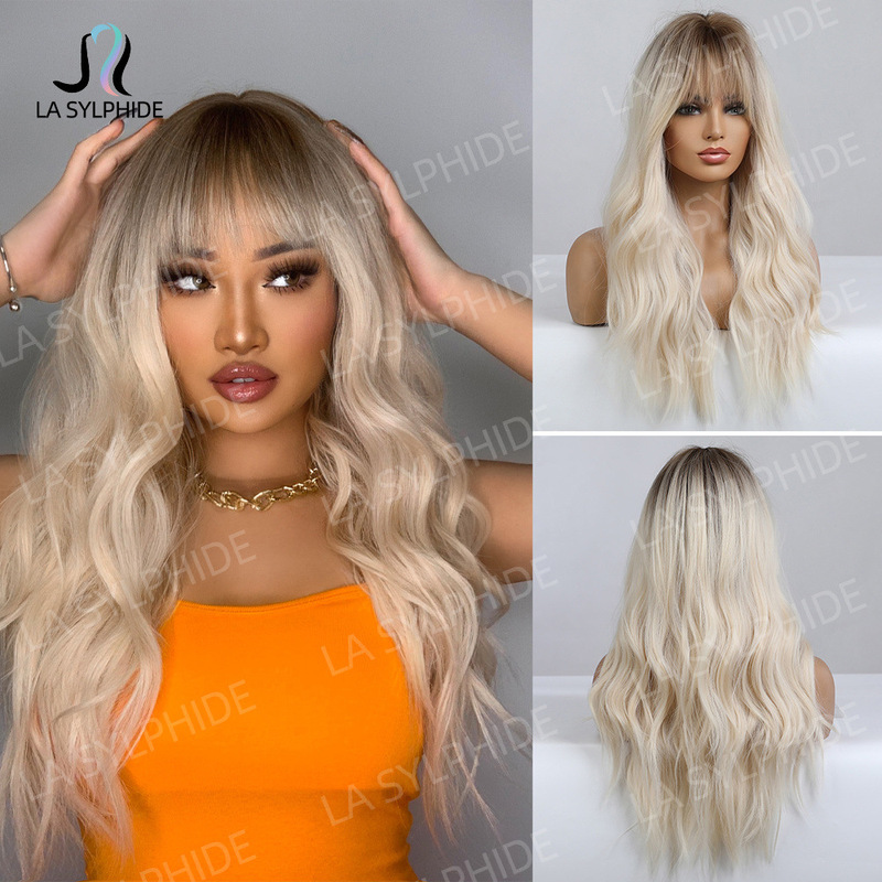 2024 European and American New Arrival Brown Gradient White Gold Long Curly Hair Bangs Wig Women's Hair Mechanism Chemical Fiber Wigs