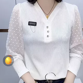 夏季新款V领螺纹纯拼接雪纺袖小衫女宽松洋气性感内搭甜美雪纺衫