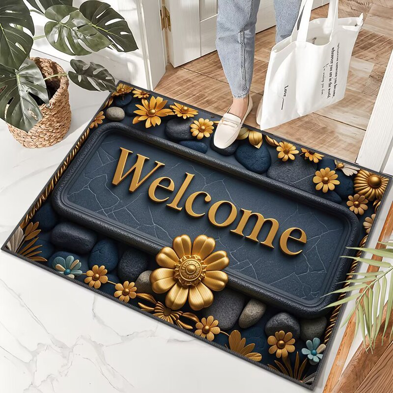 European and American Style Floral Tile Bathroom Floor Mat, Non-Slip, Water-Absorbent Foot Mat for Home Entrance, Dirt-Resistant Soft Mat, Diatomaceous Earth Quick-Dry
