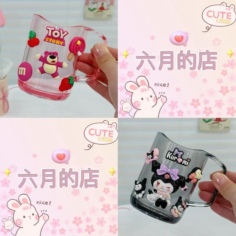 Semi-transparent curved cup-pair Transparent pink-Strawberry Bear+Transparent bl…