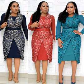 PlussizeafricandressforwomenV领高腰通勤气质短袖欧美风特大码
