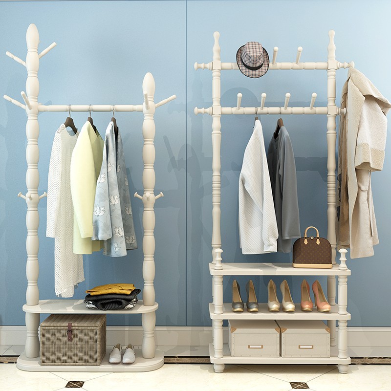 Solid Wood Clothes Hanger Floor-Standing Bedroom Coat Rack European-Style Floor-Standing Clothes Hanger Foyer Bag Rack Shoe Rack Storage Rack
