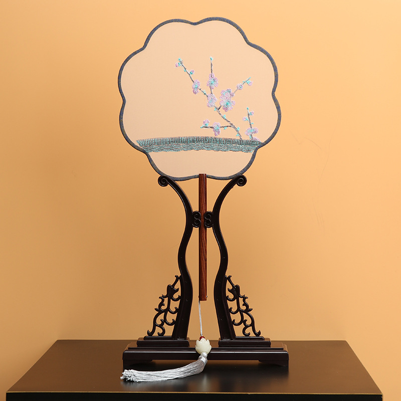 Estilo antiguo translúcido abanico redondo de mango largo bordado abanico redondo corte clásica abanico de bordado femenino estilo chino ventilador de la danza al por mayor