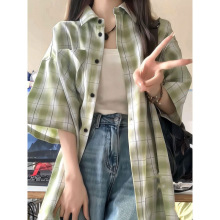 夏季日系多巴胺绿色格子衬衫女复古半袖防晒宽松上衣薄款短袖外套