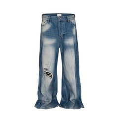 TKPA American high street trendy brand wide-leg grinding white trousers for men and women torn ripped holes and washed old burrs blue jeans