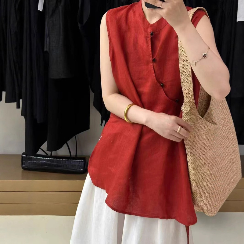 Stand Collar, Diagonal Placket, Buttoned Sleeveless Shirt, Summer Linen Solid Color Loose Thin Niche Women's Literary Retro Shirt
