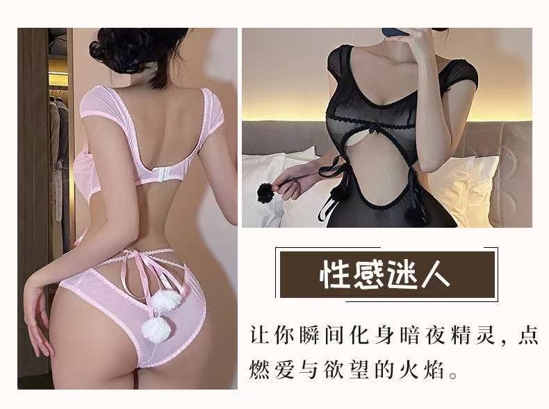 Bunny Girl Bodysuit Costume Set with Ears and White Stockings, Grey Sheer Polyester — detail image 6
