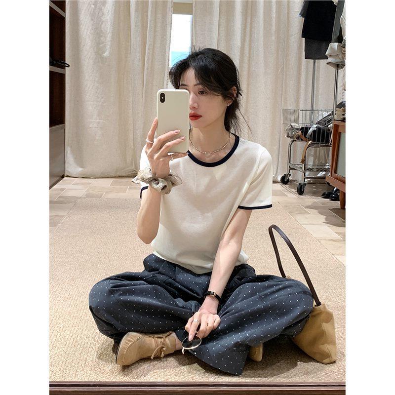 Korean age reduction! creamy-white Contrast Color Crewneck Linen T-shirt Women's 2025 Spring New High-end All-match Short-sleeve