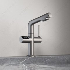 白色抽拉式洗臉洗手盆浴室槍灰色水龍頭數顯升降衛生間全銅面盆