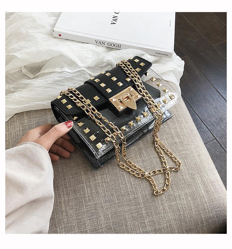 Borsa a tracolla a catena con tracolla a catena piccola trasparente con rivetti versatili alla moda da donna_voghion.com