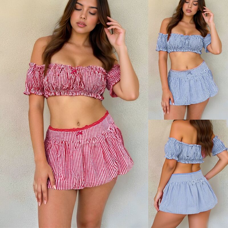 European and American Women's Summer New Plaid Sexy Bow Tube Top Pure Lust Short Skirt Two-Piece Set Su4053