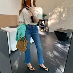 梵思羽牛仔裤女2025秋季新款瘦腿提臀四面弹高腰法式九分微喇裤子