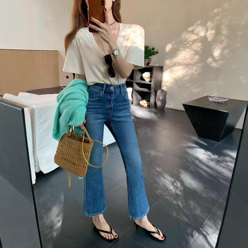 Van's Feather Women's Jeans 2025 Autumn New Slimming Leg Lifting Hip Four-Way Stretch High-Waisted French Style Cropped Flared Pants