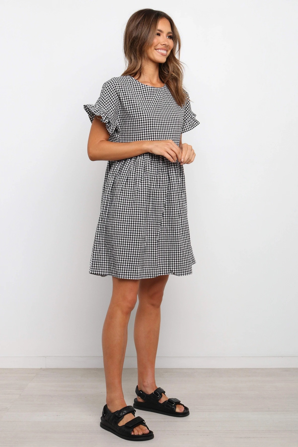 summer new style plaid print round neck short sleeve pleated dress  NSYD25576