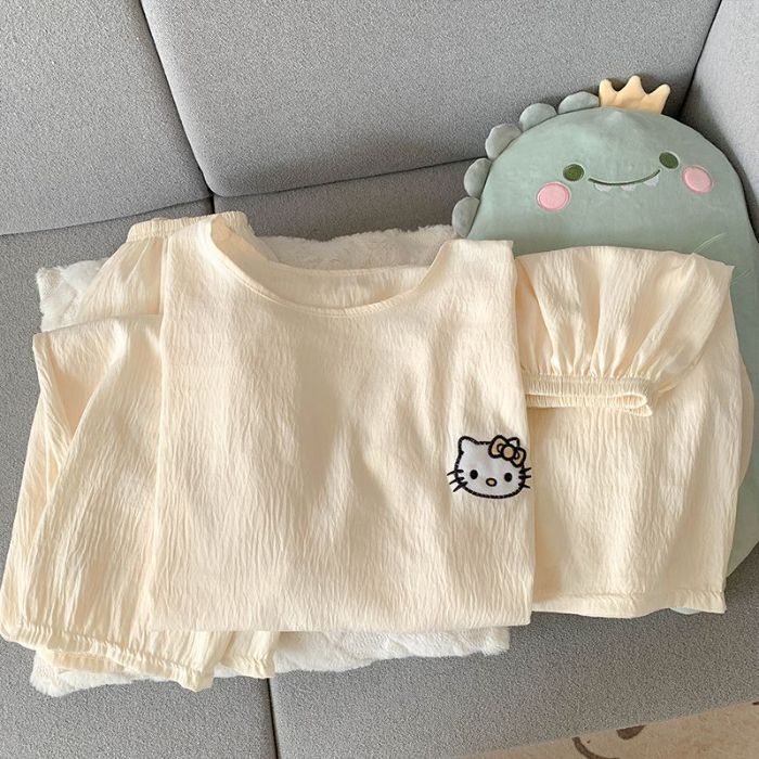 Pijama de tres piezas de algodón de nube transfronteriza para mujer hellokitty color sólido verano cuello redondo dulce y lindo traje de servicio a domicilio
