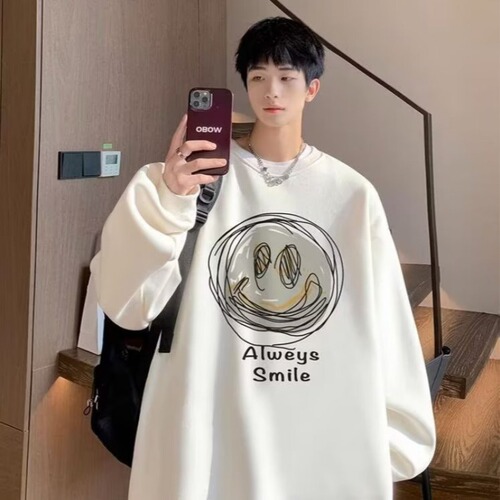 American-style crew neck sweatshirt for men, spring and autumn fashion brand, loose large size couple lined long-sleeved T-shirt