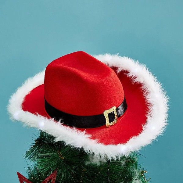 欧美跨境外贸男女牛仔帽红色西部牛仔帽圣诞节羽毛圣诞老人亮灯帽