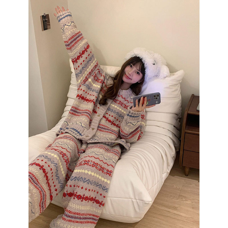 高级感休闲风半边绒睡衣女秋冬新款加厚大码条纹珊瑚绒家居服套装|undefined