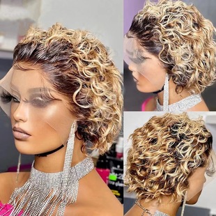 2024 new lace wig set light golden short curly hair European and American hot black wig headgear in stock generation hair
