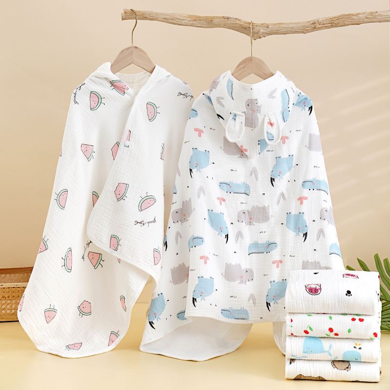 Infant Gauze Hooded Bath Towel Cloak Kidsren's Four-Layer Gauze Bathrobe Pure Cotton Cartoon Printed Baby Cloak