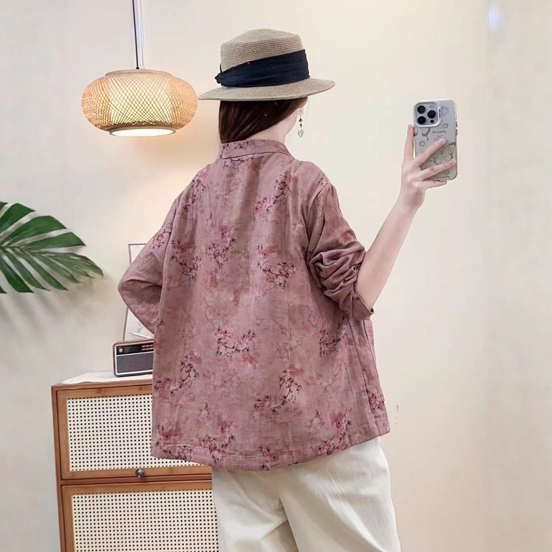 2025秋季新款棉麻数码印花双层纱长袖外套宽松复古文艺盘扣女上衣|undefined
