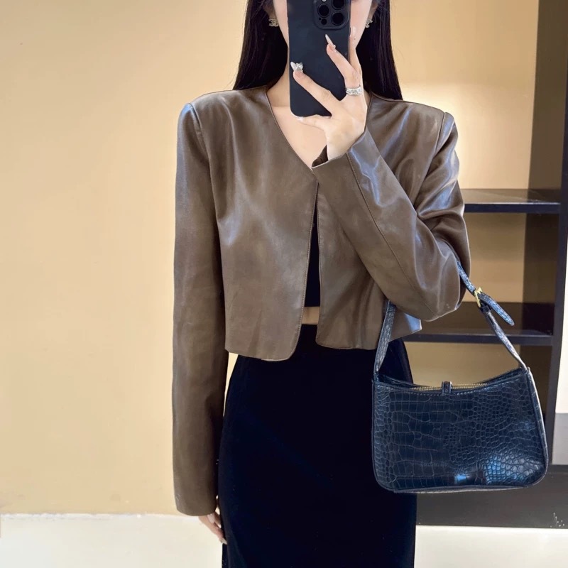 American-Style Short Leather Jacket for Women, Autumn Casual Loose Design, Vintage Round Neck, Buttonless Motorcycle Style