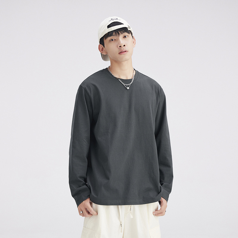 260g heavy men's long sleeve T-shirt 2024 new cotton crew neck vests spring and autumn Japanese solid color base shirt