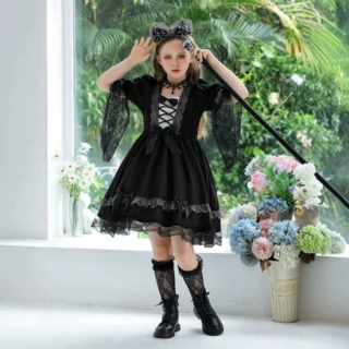 万圣节儿童服装女巫舞台表演服搞怪装扮女童吸血鬼巫婆蕾丝连衣裙