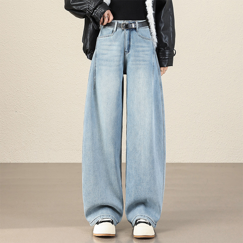 American Retro Blue Wide-Leg Jeans for Women, 2026 Winter New Style, Loose Fit for Pear-Shaped Body, Slimming Straight-Leg Floor-Length Pants