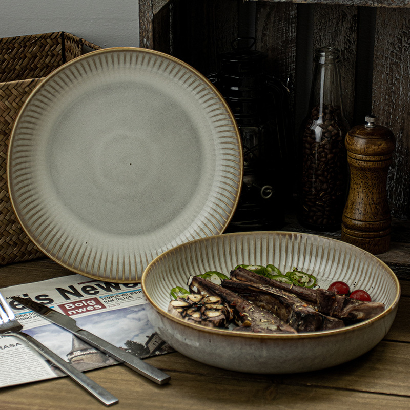 Estilo nórdico estilo japonés patrón vertical relieve plato profundo vajilla de cerámica para el hogar gruesa plato grande plato de ensalada de frutas al por mayor