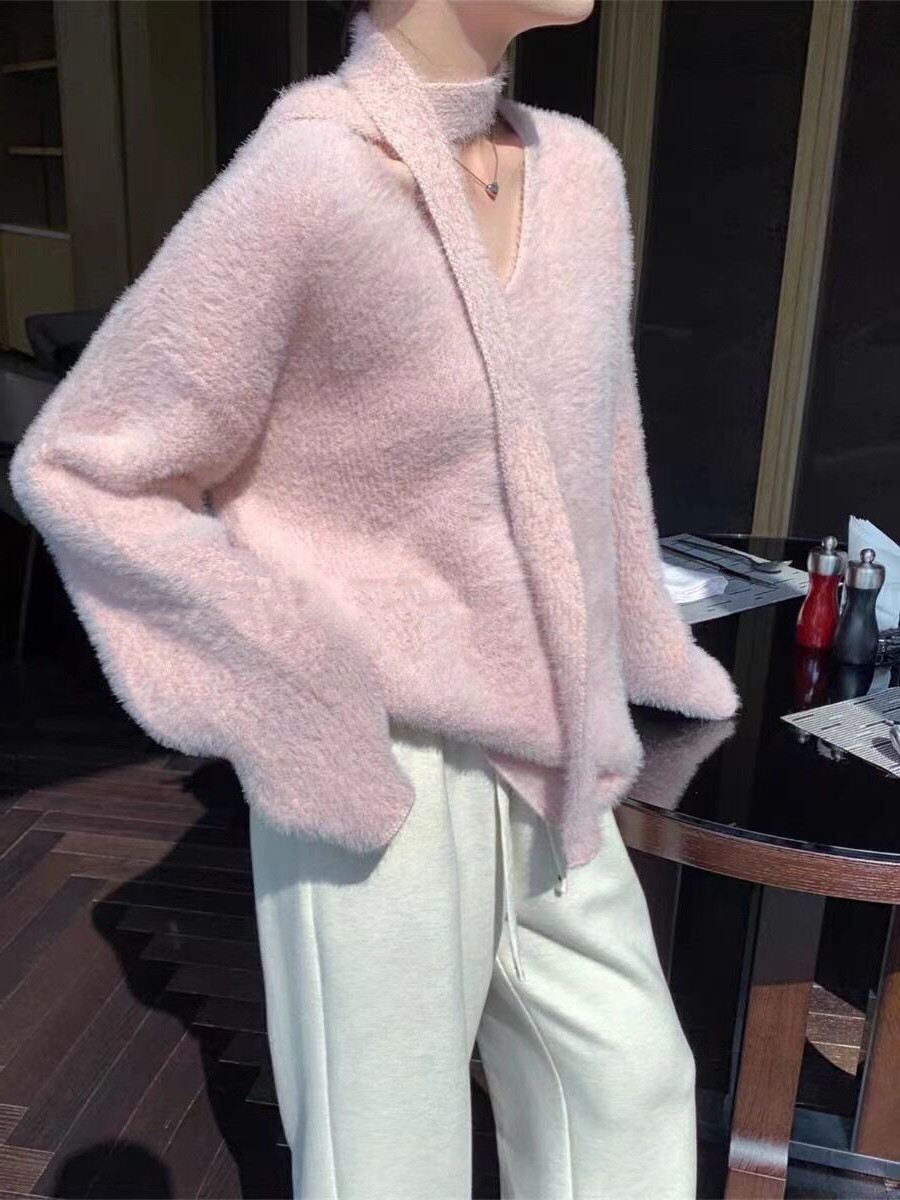 Sciarpa con scollo a V in stile coreano con pullover in pelliccia di visone, morbida maglia appiccicosa per l'autunno e l'inverno delle donne_voghion.com