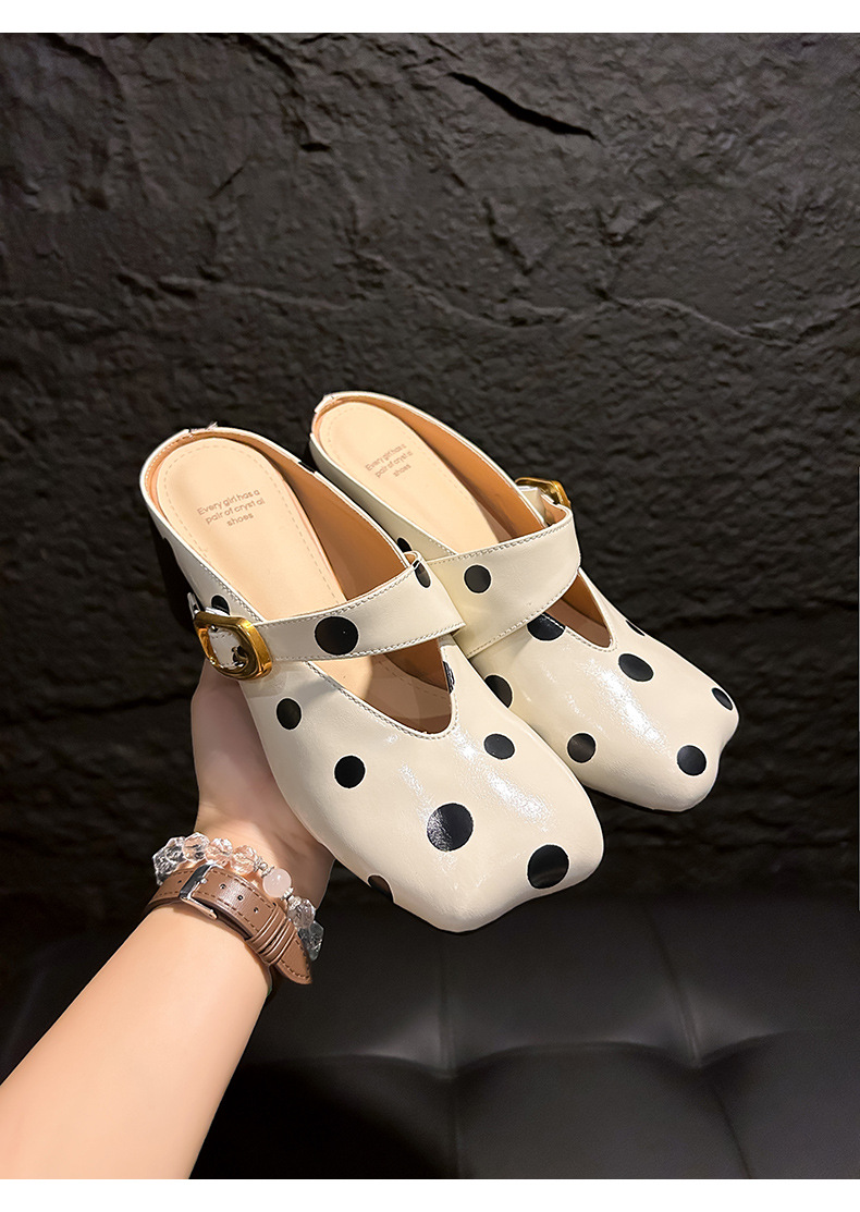 Giày mule nữ mũi vuông họa tiết chấm bi, gót cao khoảng 6 cm, phong cách Pháp — màu đen, màu trắng ngà chi tiết 17