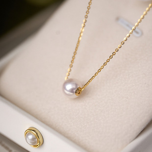 7.5-8mm Seawater akoya Pearl Passepartout 18K Gold Patch Round Strong Light Temperament Clavicle Chain Silver Chain