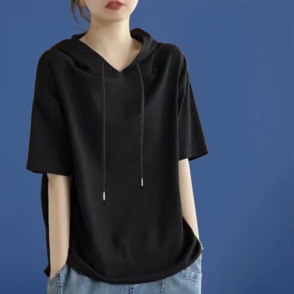 Loose Hooded Short-Sleeved Sweatshirt Summer Early Autumn Mid-Sleeve Three-Quarter Sweatshirt Women's Sports Hoodie Top Solid Color Trendy Wide