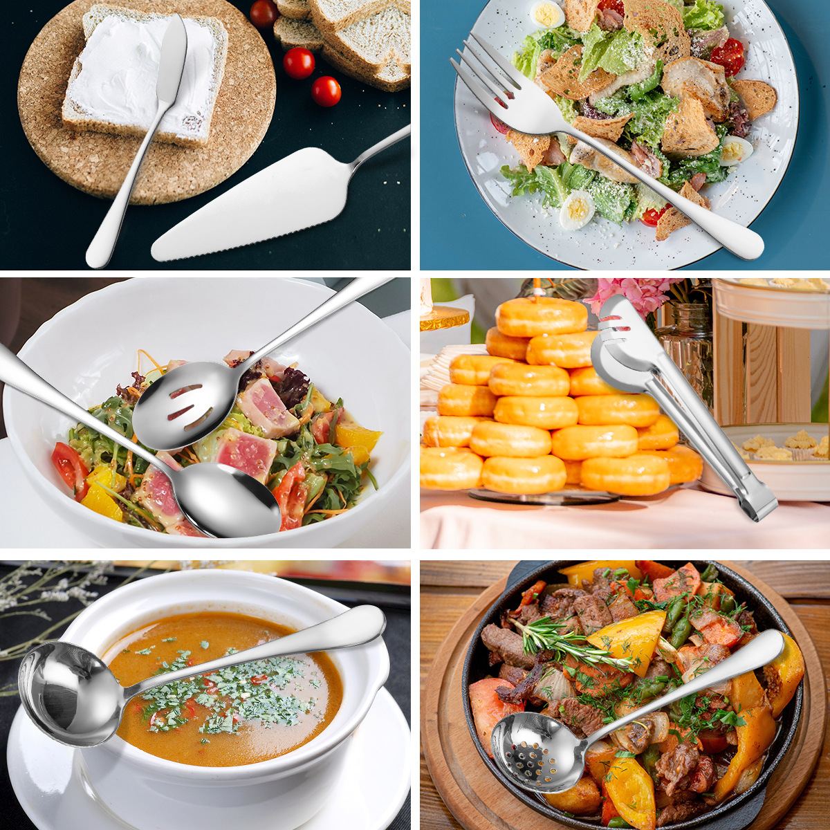 不鏽鋼服務餐具套裝12件套家用蛋糕鏟湯勺夾子勺子叉子廚房工具