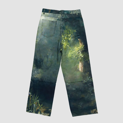 American-style street-print jeans for men, AC-style 3D digital-print pattern, splashed dye tie-dye design, straight-leg denim.