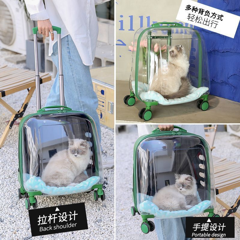 Caja de tracción de mascotas para salir, maleta de gato transparente portátil, dos cajas de transporte de perros de doble capa de gran capacidad