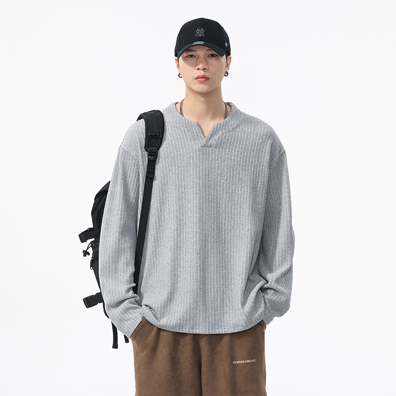 330g Jacquard Knit Old Money Style V-Neck Long-Sleeve T-Shirt for Men, Autumn Heavyweight Textured Casual Base Shirt Men's Clothing