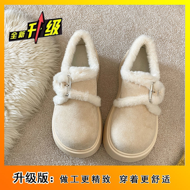 Aumentar la altura de calentamiento de los zapatos de algodón de fondo grueso para mujeres 2026 nuevo invierno retro en línea explosión de zapatos de lana gruesa