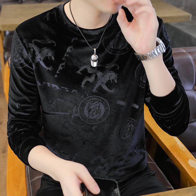 Men's Golden Velvet Sweater Spring and Autumn Casual New Fashion Long Sleeve Round Neck Warm Top Base T-shirt