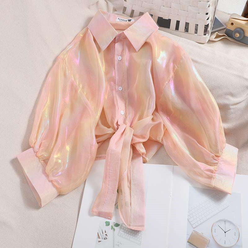 패셔너블한 무지개 광택 연령 감소 달콤한 소녀 자외선 차단 셔츠 여름 한국 스타일 슬림하고 상쾌한 카디건 쉬폰 셔츠