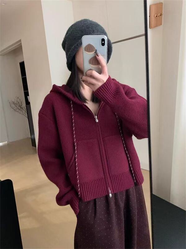 时尚慵懒风连帽针织开衫毛衣女秋冬季新款宽松短款休闲外套上衣|undefined