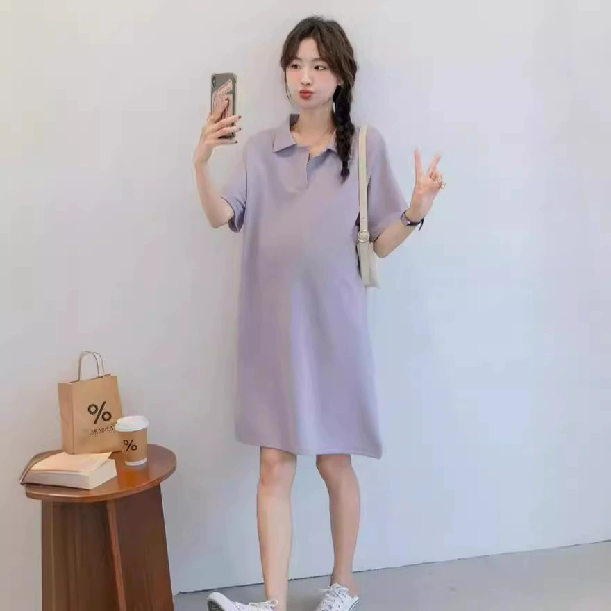 Летняя одежда для беременных Корейская версия polo воротник для беременных юбка свободная с короткими рукавами платье для беременных трикотаж повседневный большой размер