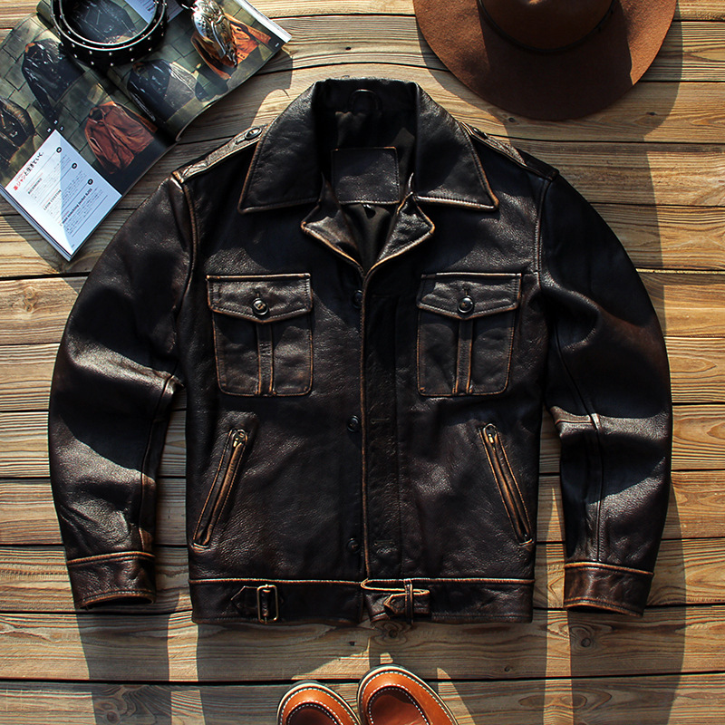 Vento británico chaqueta de cuero hombre retro hecho viejo traje de cuero de vaca corto delgado P37 chaqueta de cuero