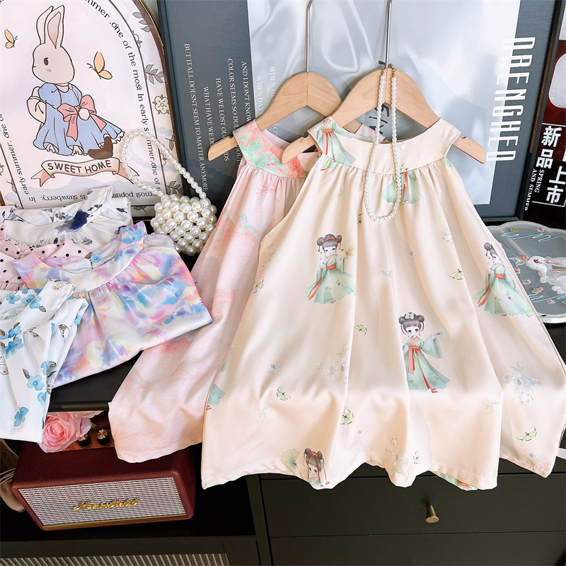 女童夏季挂脖连衣裙儿童韩版公主裙无袖背心裙小女孩碎花人棉裙子