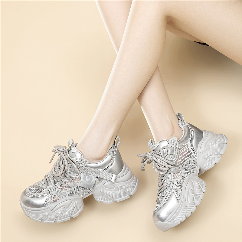 Giày thể thao nữ đế dày lưới thoáng khí 2026 – sneaker chunky nhẹ đa năng — 6139 Bạc, 6139 Màu be
