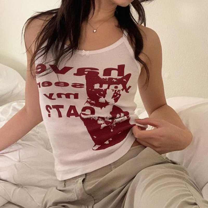 New Cross-border European American Sexy Camisole Streetwear For Women With Letter Print And Sweet Bow, Slim-fit Top_ecoleips.com
