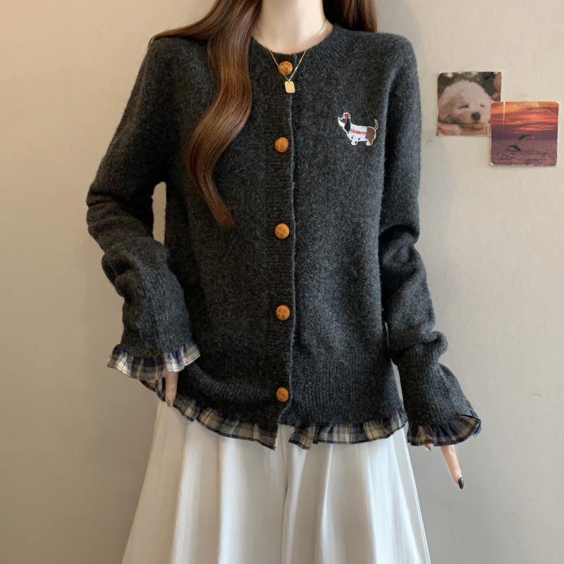 Real Shot~Plus Size Dark Gray Sweater Autumn and Winter Plaid Ruffle Top Fat mm Slimming Look and Flesh-Covering Knitted Cardigan Real Shot~Plus Size Dark Gray Sweater Autumn and Winter Plaid Ruffle Top Fat mm Slimming Look and Flesh-Covering Knitted Cardigan